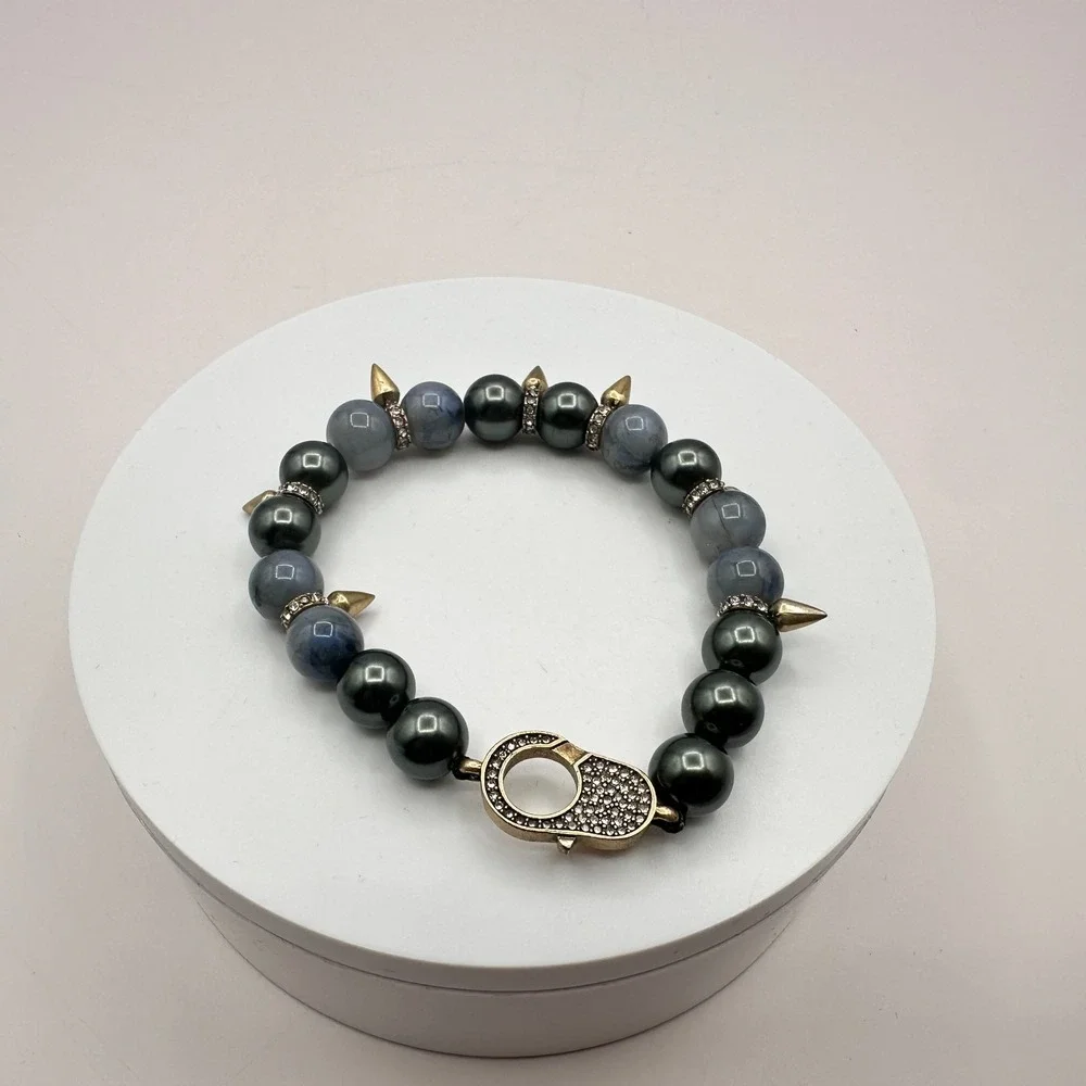 Vintage 80s Beaded Stretch Bracelet Slate Grey Hematite Gold Tone Spikes Jewelry